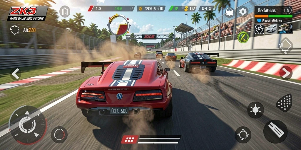 Tampilan gameplay ZK3 dengan aksi balap yang mendebarkan.